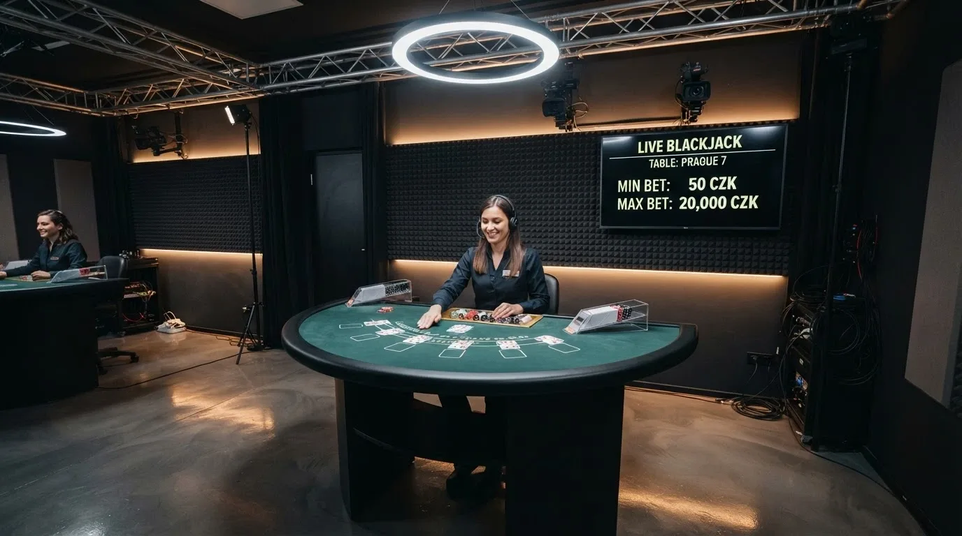Interiér živého blackjackového studia s kamery, krupiérem u stolu a monitorem zobrazujícím sázkové limity
