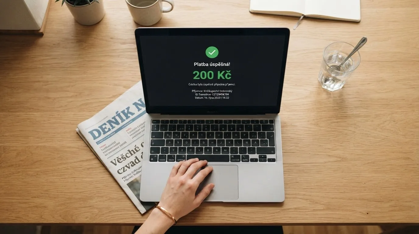 Hráč u notebooku dokončuje vklad 200 Kč do online casina, na displeji potvrzení transakce