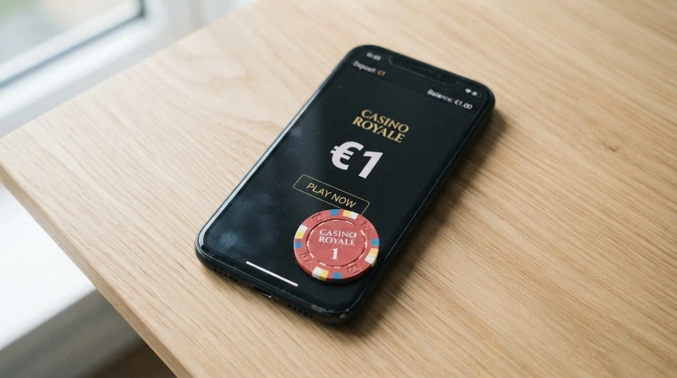 Jedna euromince ležící na displeji mobilního telefonu s otevřenou stránkou online casina