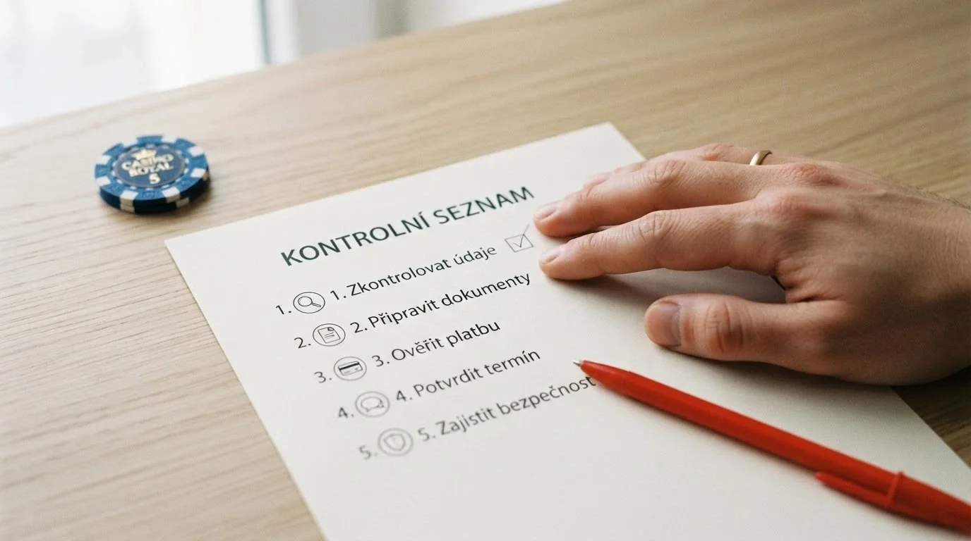Pět očíslovaných kroků v minimalistické grafice — od lupy (ověření) přes dokument (podmínky) po štít (bezpečnost)