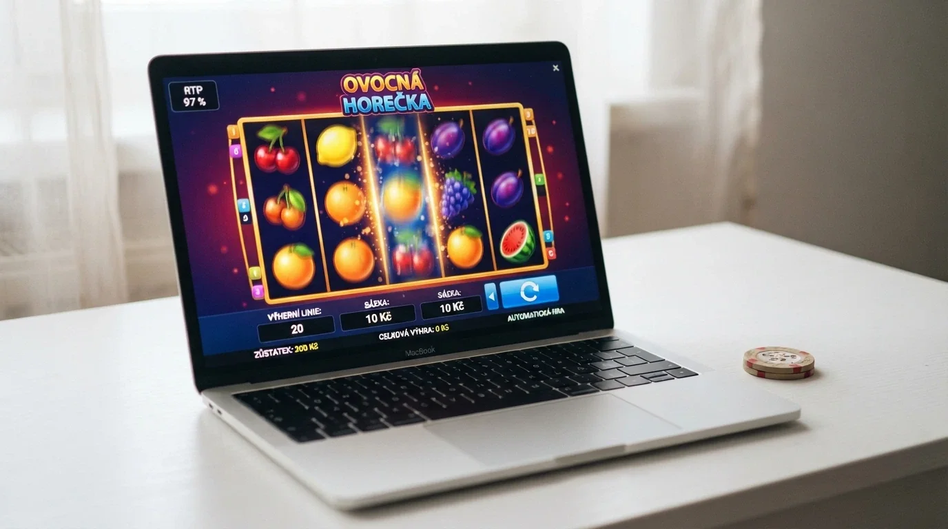 Roztočený online automat s číslem RTP 97 % na informačním panelu hry, vedle ukazatel zůstatku 200 Kč