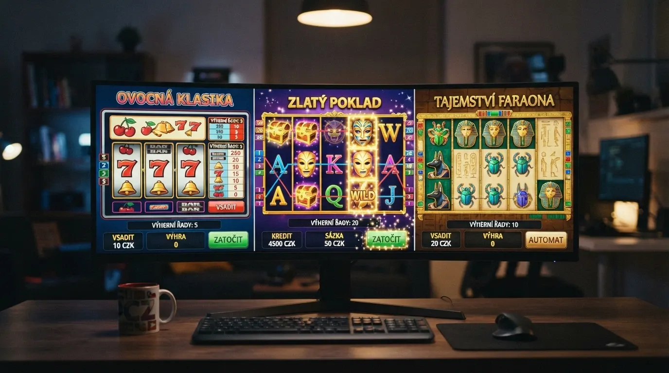 Koláž tří různých automatů — klasický ovocný tříválec, moderní pětiválcový video slot s bonusovou hrou, automat od českého studia Kajot