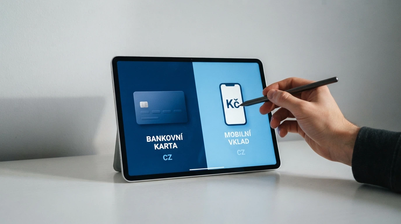 Stylus ukazující na dvě možnosti na displeji — karta versus mobil