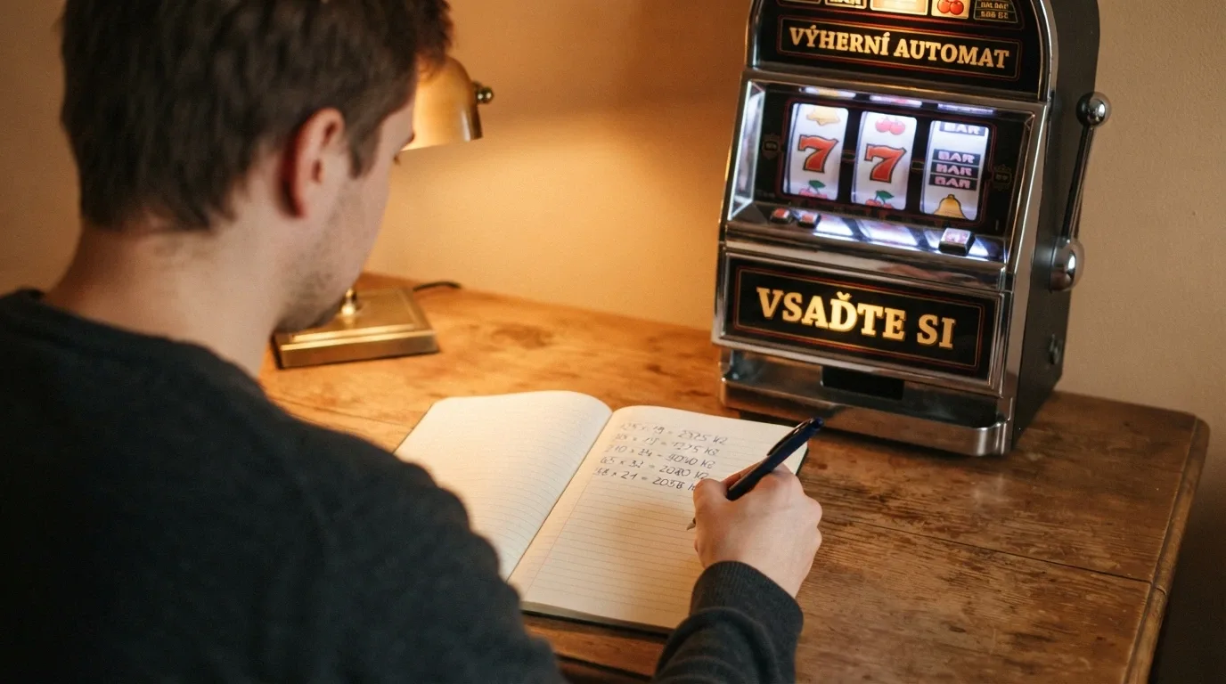 Kalkulačka a vedle ní hrací automat — vizuální metafora protočení bonusu