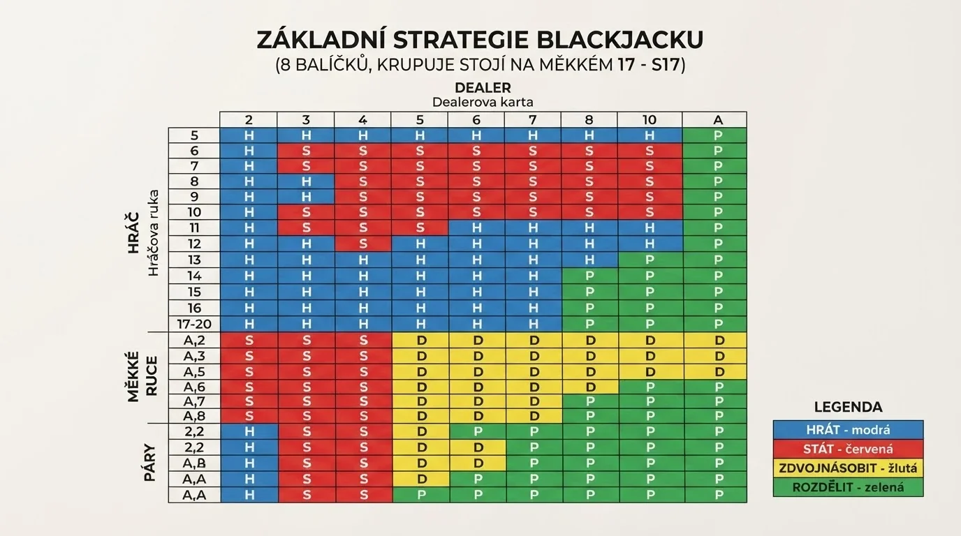 Rozhodovací tabulka základní strategie blackjacku pro 8 balíčků a pravidlo S17 — barevně odlišené akce hit, stand, double, split