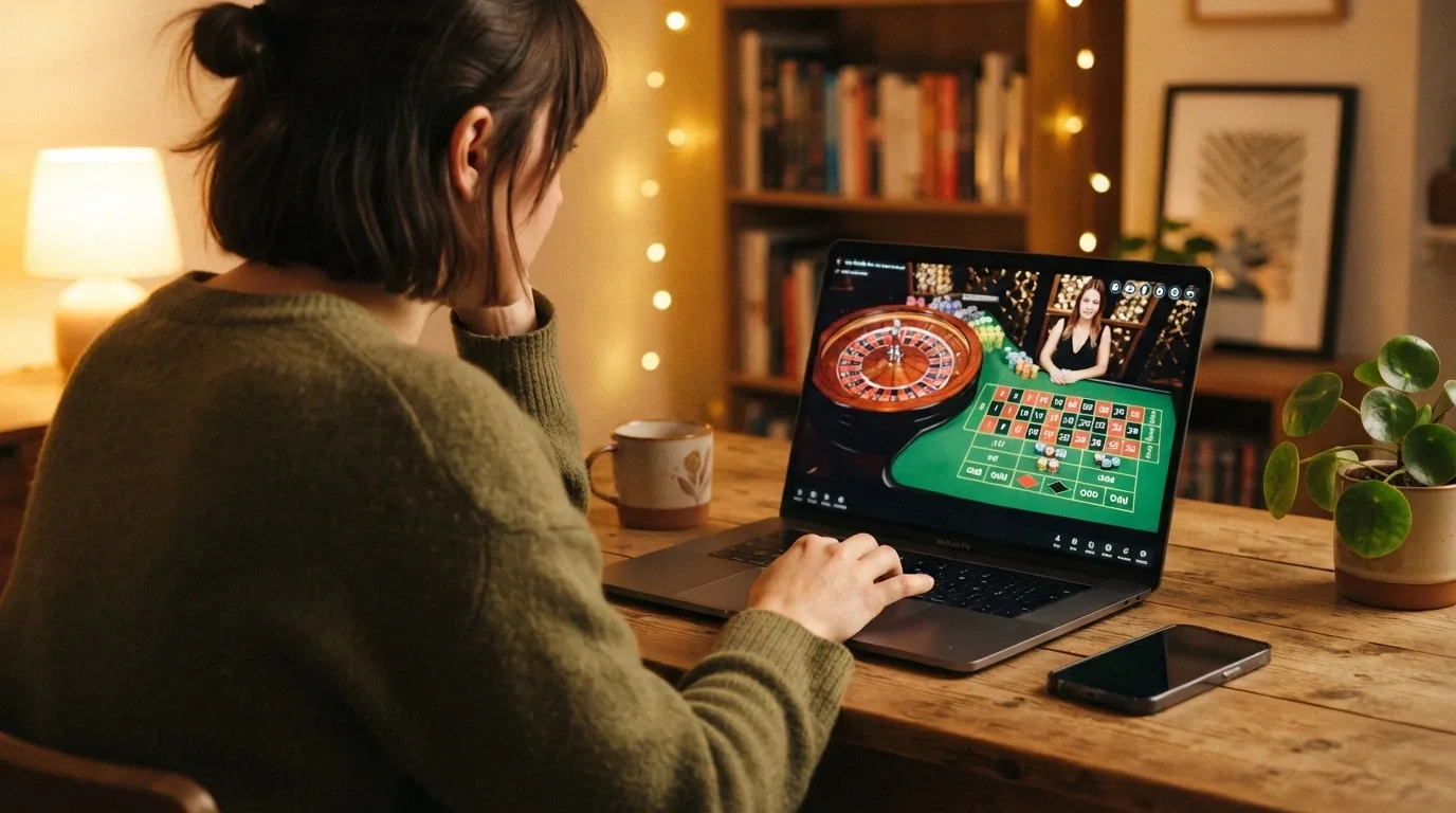 Spokojený hráč u počítače nebo mobilu s viditelným rozhraním živé rulety