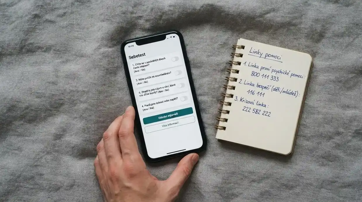 Telefon s otevřenou stránkou sebetestu na zodpovednehrani.cz, vedle zápisník s čísly linek pomoci