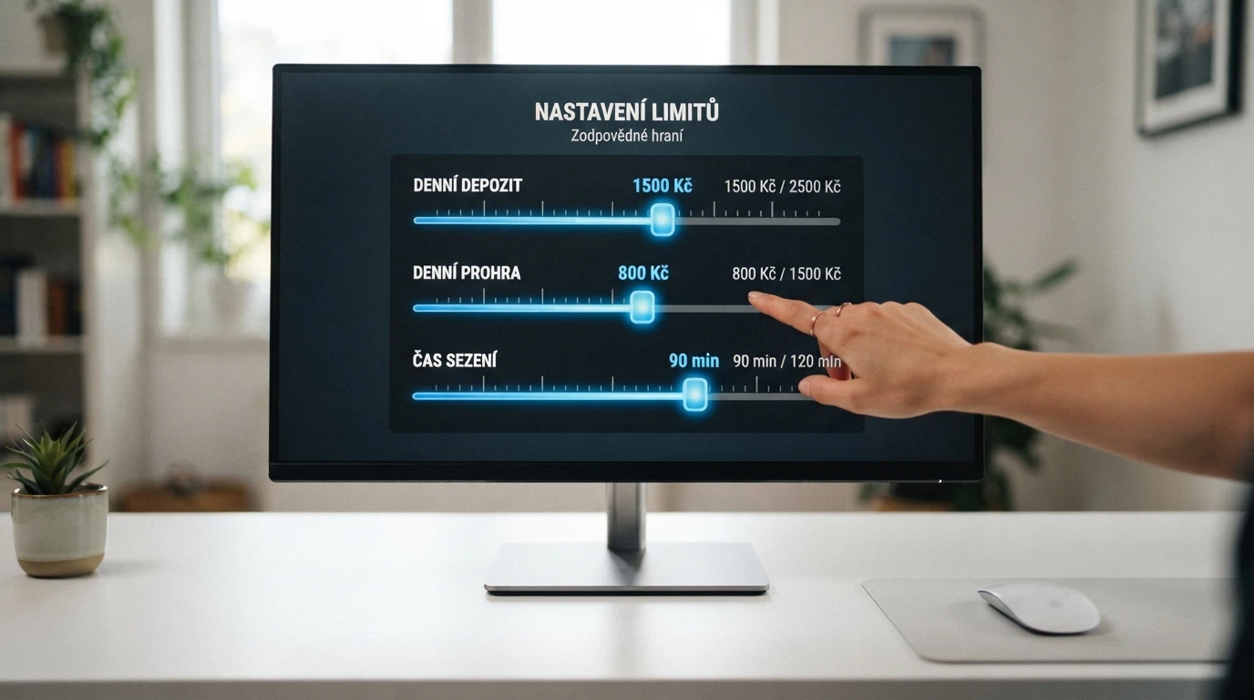 Nastavovací rozhraní herních limitů — posuvníky pro denní vklad, ztrátu a herní dobu — na monitoru