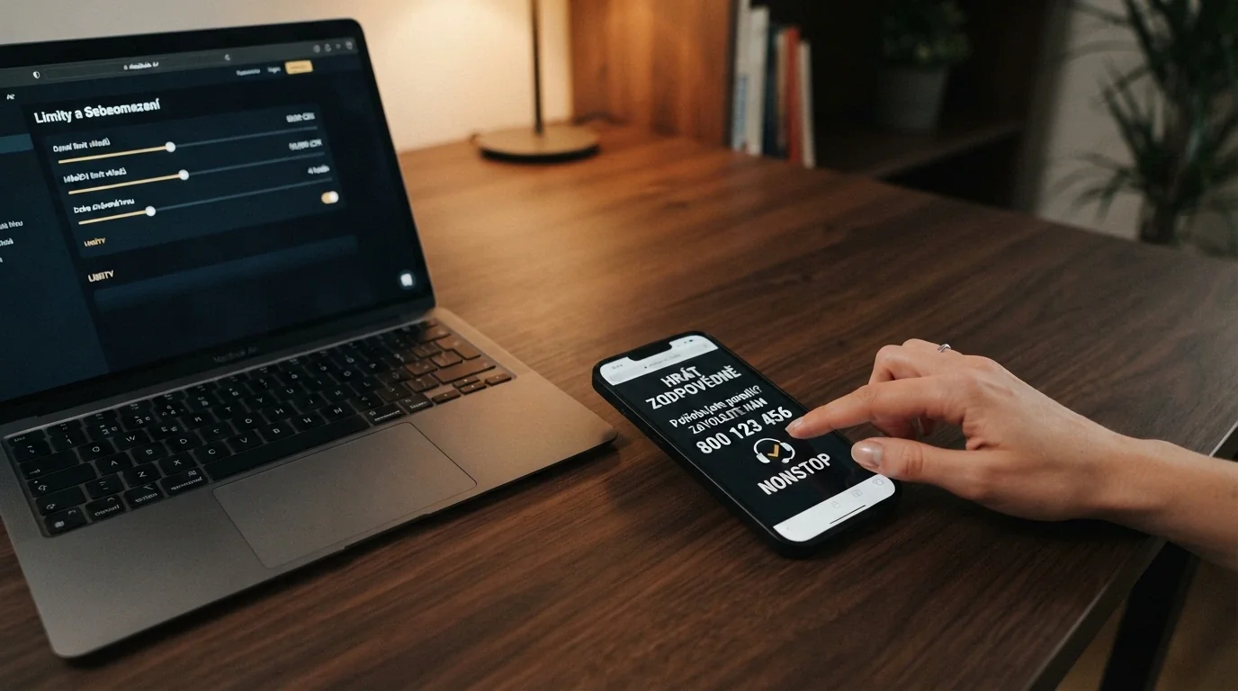Telefon s vytočeným číslem linky pomoci na displeji, v pozadí logo Zodpovědné hraní a heslo „nonstop“