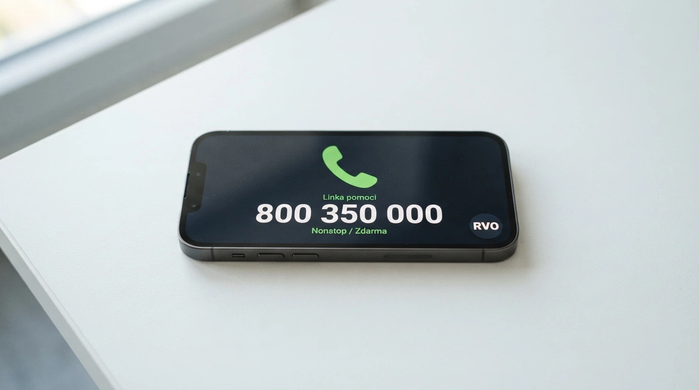 Telefon s vytočeným číslem 800 350 000 a ikonou nonstop, v pozadí logo RVO
