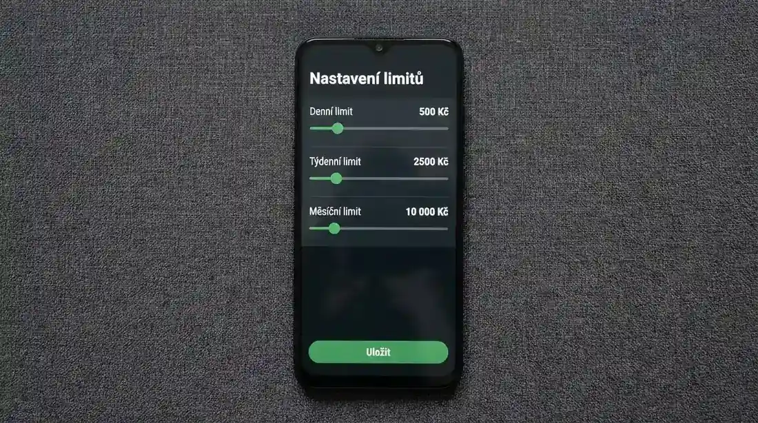 Obrazovka nastavení herních limitů v rozhraní online casina s volbou denního, týdenního a měsíčního stropu