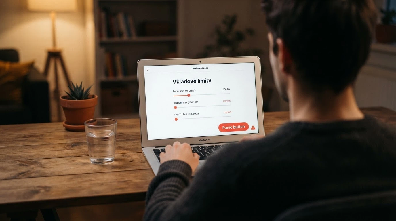 Obrazovka s nastavením denního vkladového limitu na 200 Kč v českém online casinu, vedle tlačítko panic button