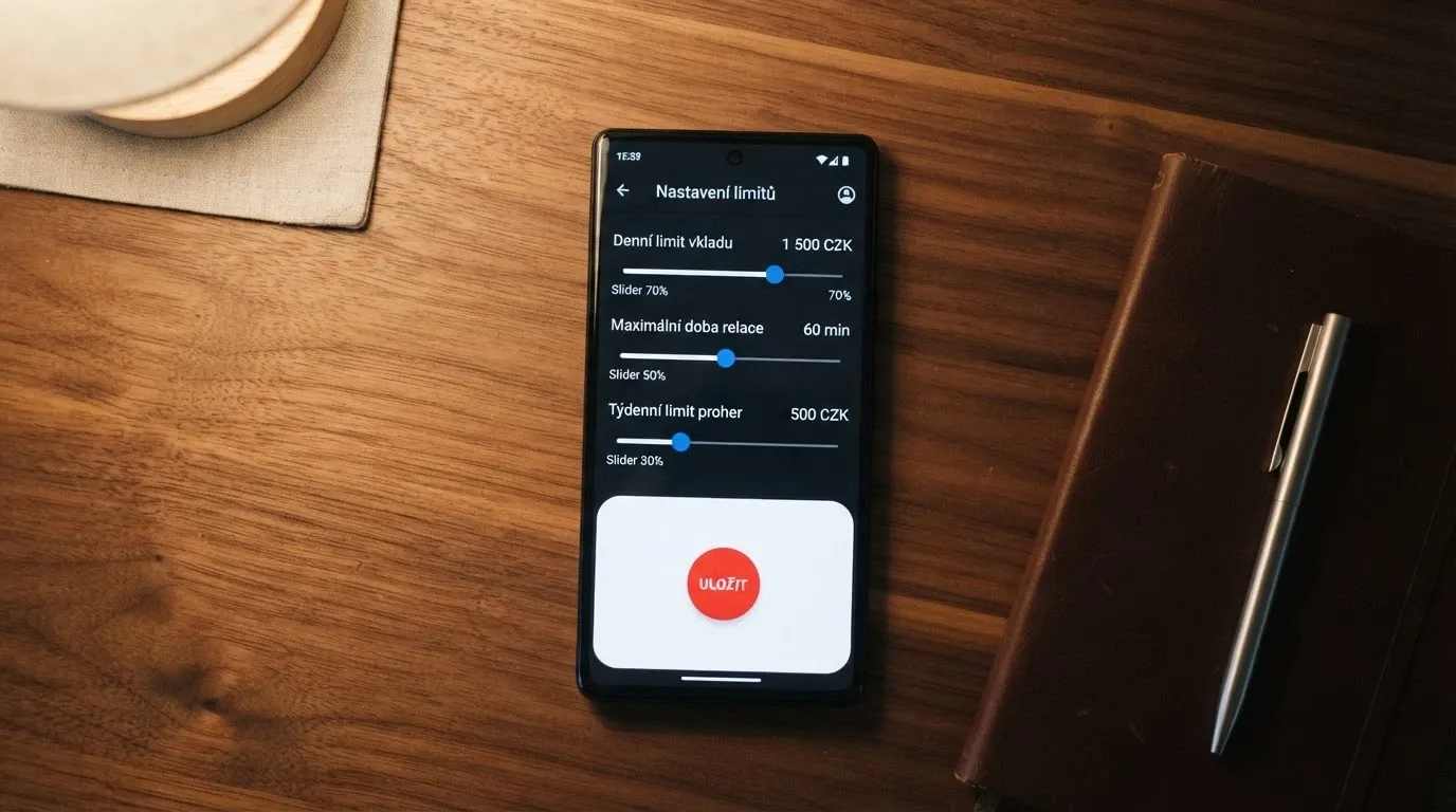 Mobil s otevřenou stránkou sebeomezujících limitů a tlačítkem panic button