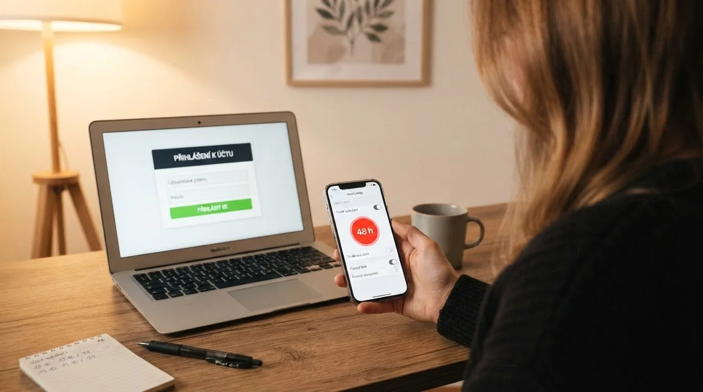 Hráč u počítače s viditelným tlačítkem panic button na obrazovce a mobilem s notifikací o dosažení denního limitu
