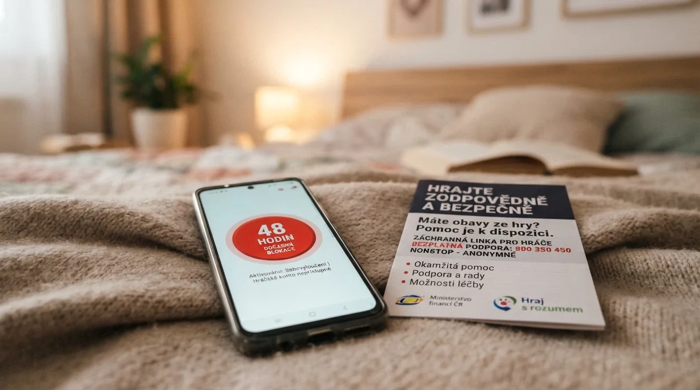 Telefon s vytočeným číslem linky pomoci, vedle tlačítko s nápisem „Panic button — 48 hodin“ na displeji — kontrast mezi tísňovou pomocí a podporou