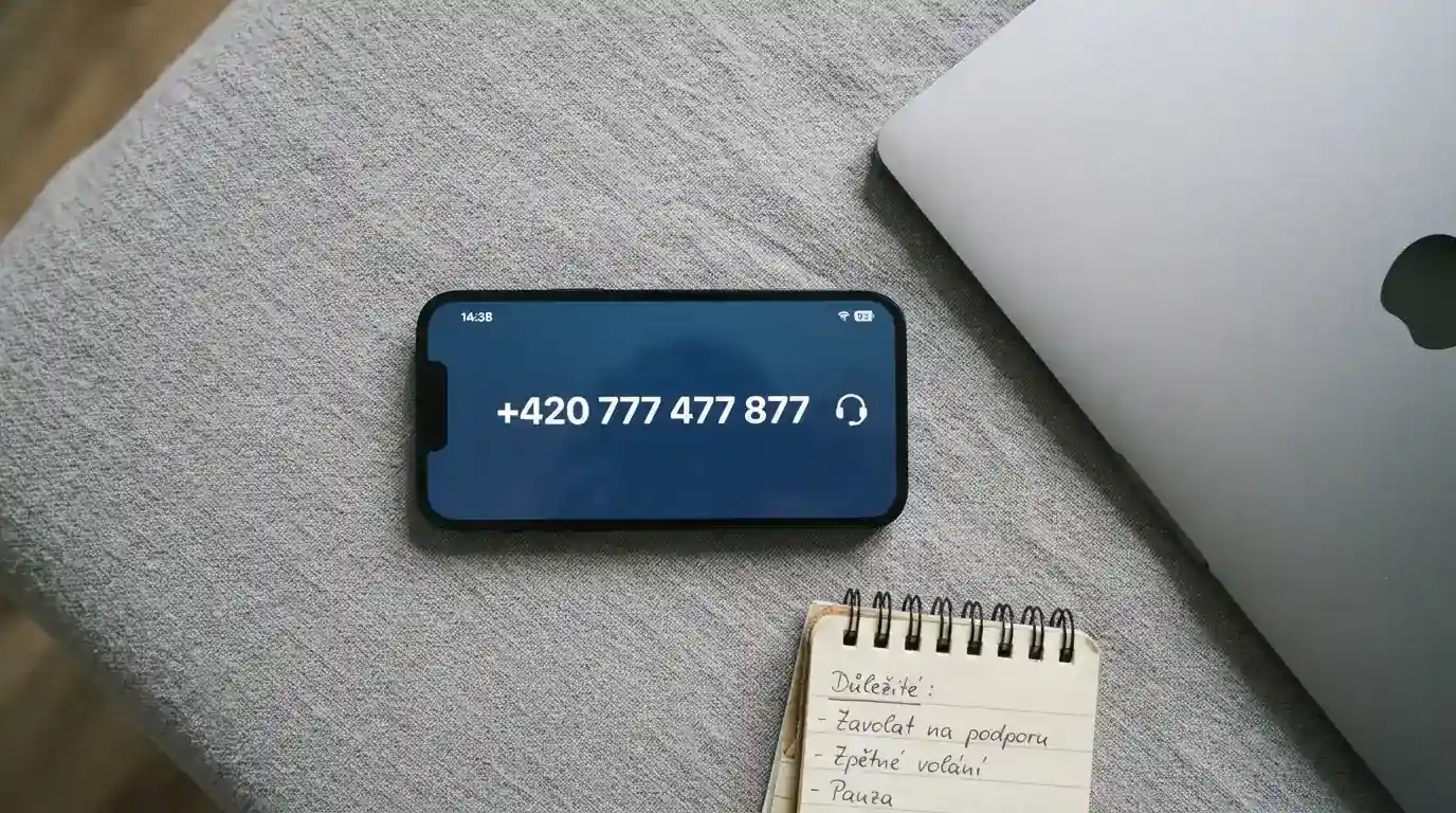 Telefon s vytočeným číslem linky pomoci na displeji vedle klávesnice počítače s logem casina