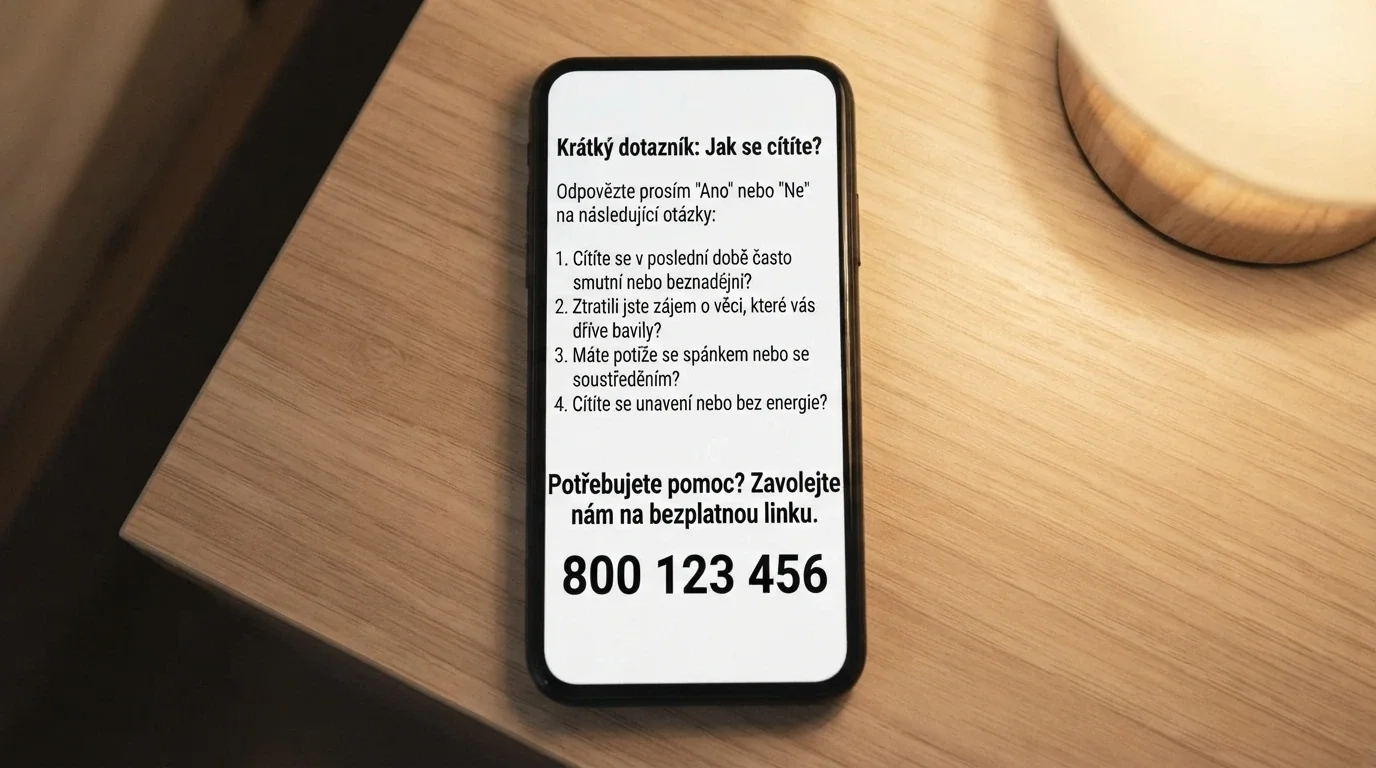 Telefon s otevřenou stránkou zodpovednehrani.cz – na displeji autodiagnostický test a číslo linky pomoci
