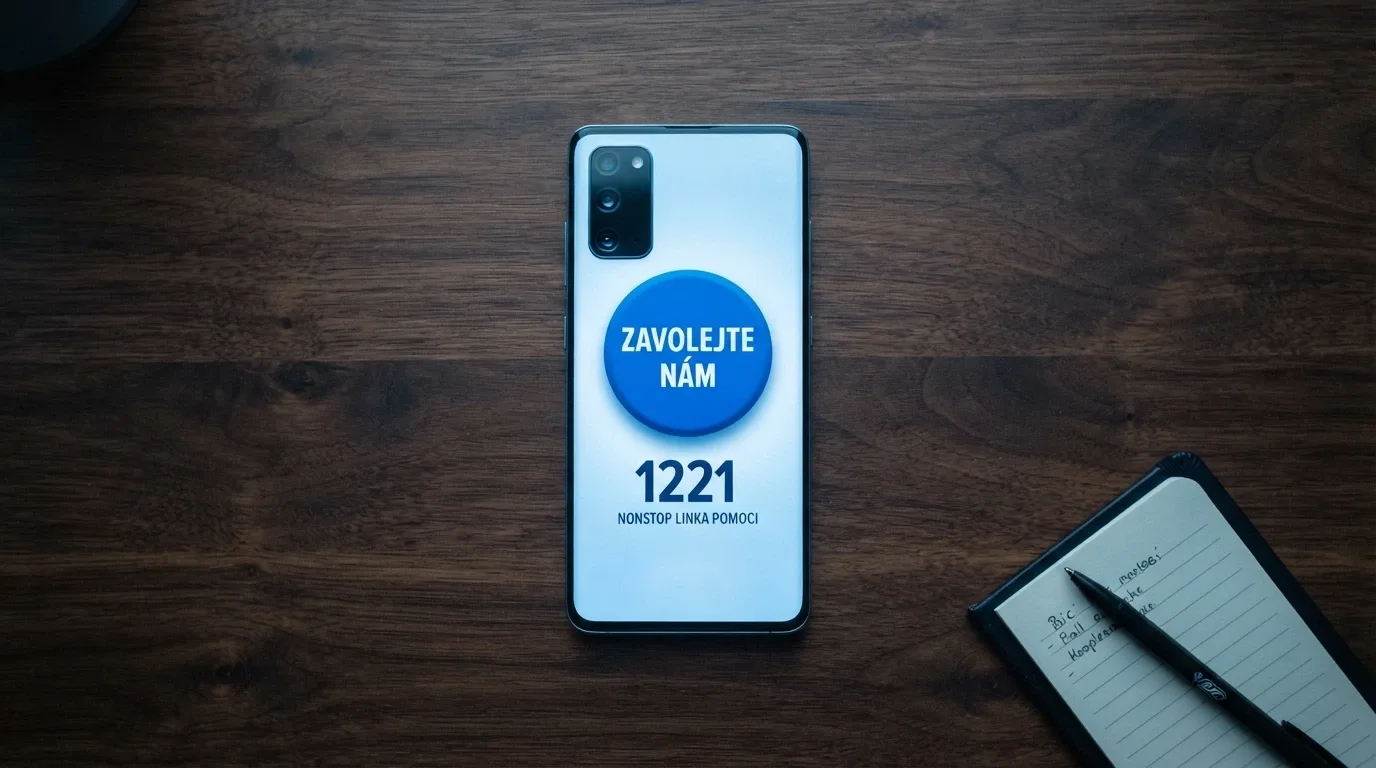 Modré tlačítko s nápisem „Panic Button“ na obrazovce telefonu, pod ním číslo nonstop linky pomoci a logo Zodpovědného hraní