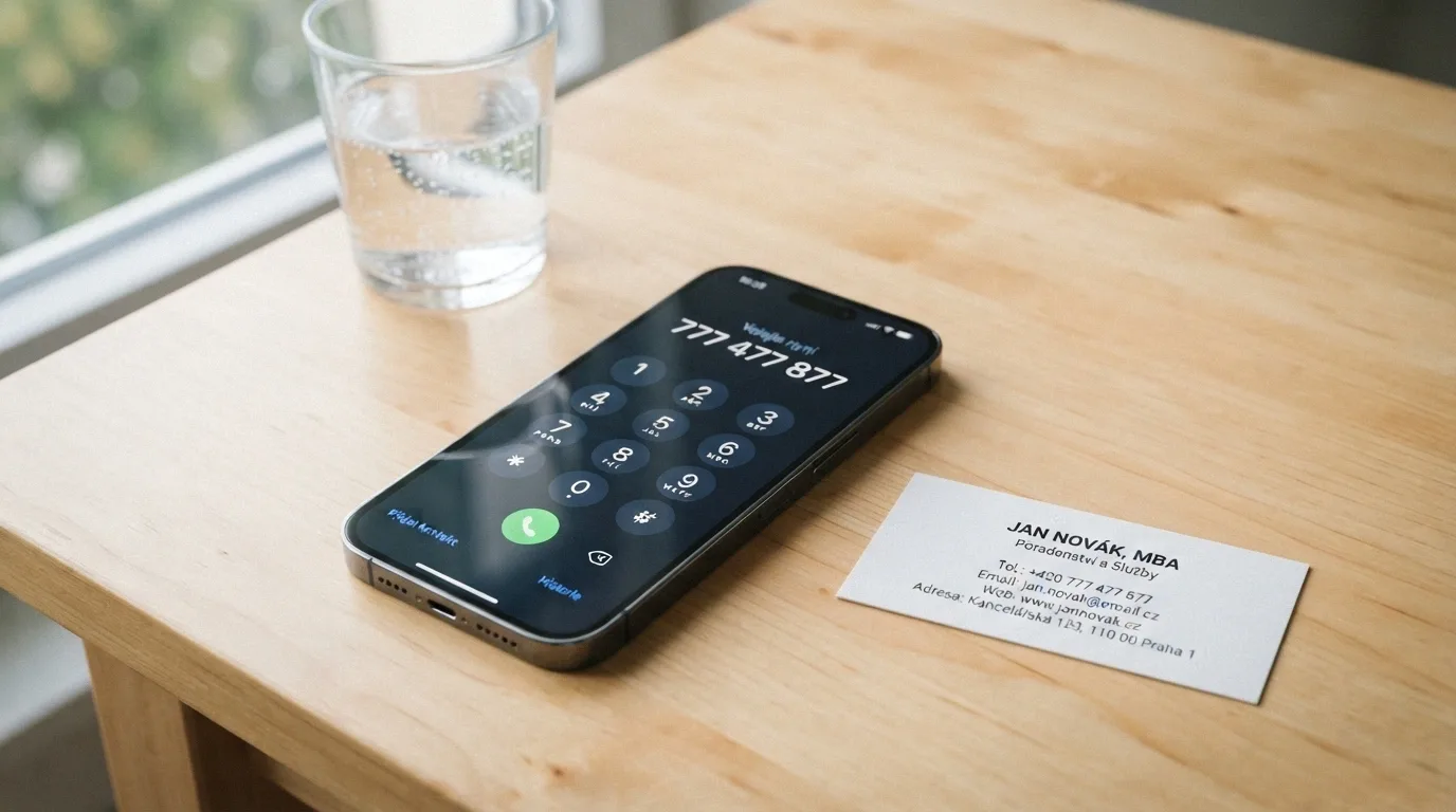 Telefon s vytočeným číslem linky pomoci na displeji, vedle něj kartička s kontakty na poradny.