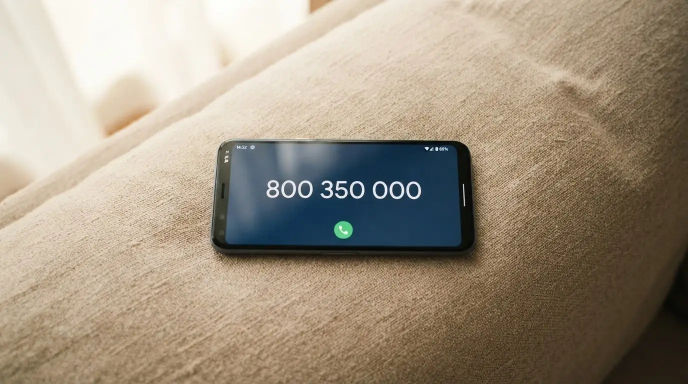 Telefon s vytočeným číslem linky pomoci 800 350 000 na displeji