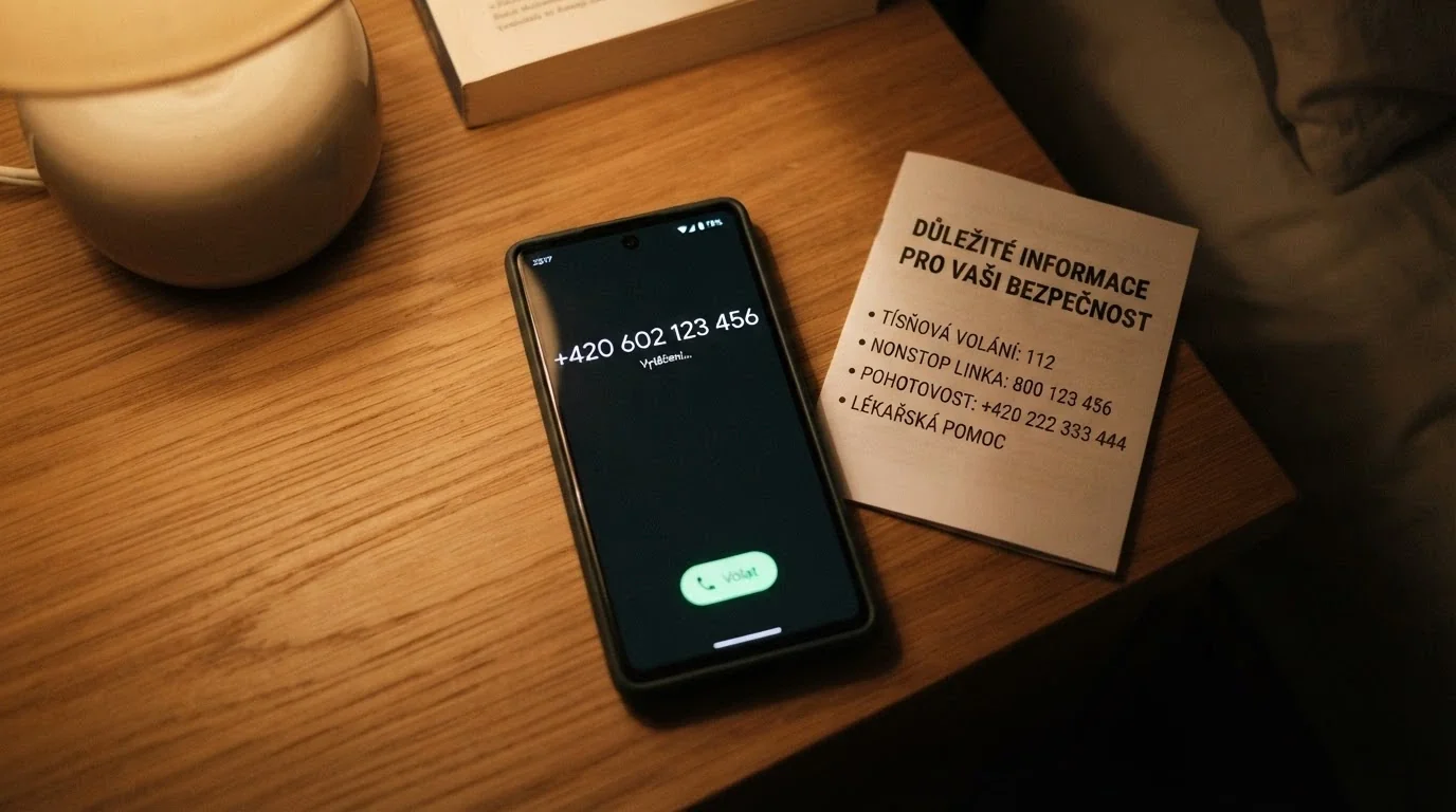 Telefon s vytočeným číslem 800 350 000 na displeji, vedle něj informační leták s textem v češtině.
