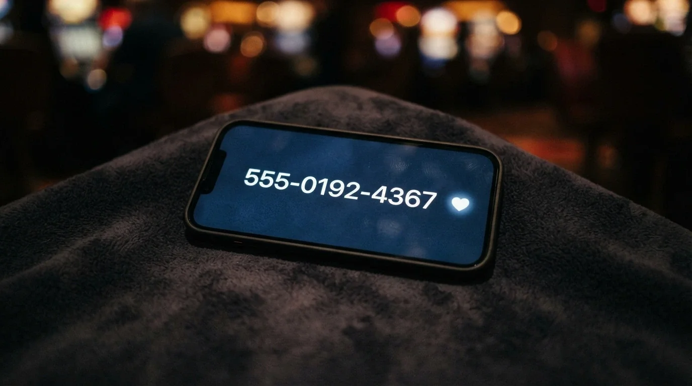 Telefon s vytočeným číslem linky pomoci na displeji, v pozadí jemně rozmazané hazardní prostředí — kontrast mezi signálem o pomoc a světem hraní.